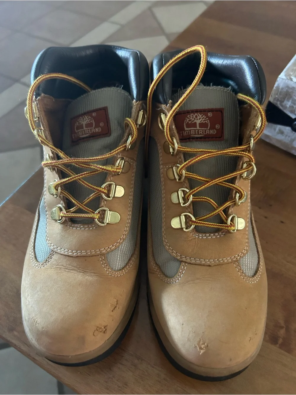 Timberland Wheat Leather Hiking Boot with Black Collar and Gold Hardware